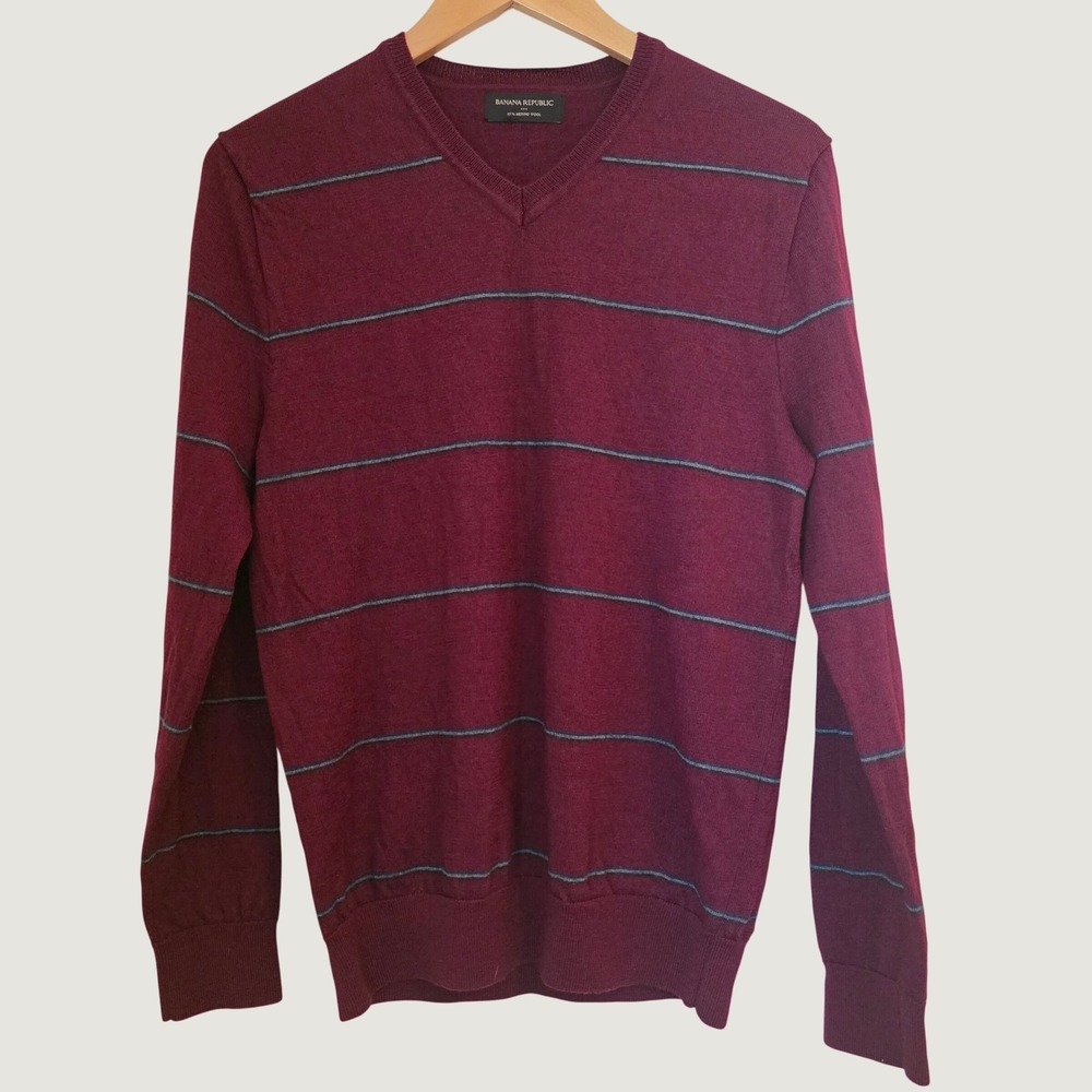 Banana Republic V-Neck Men's Sweater Burgundy 100% Merino Wool Autumn Fall